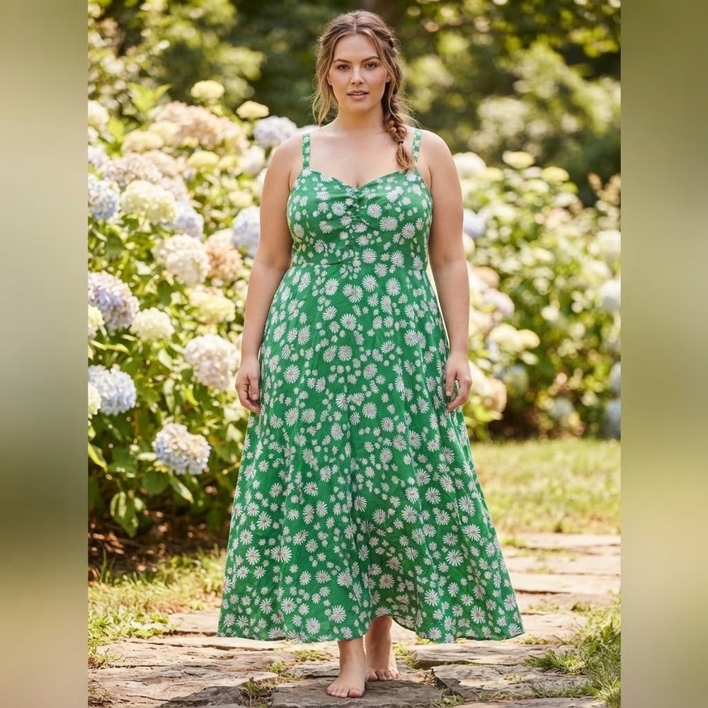 Torrid Women's Plus Size 2XL Green White Daisy Floral V-Neck Strappy Mini Dress